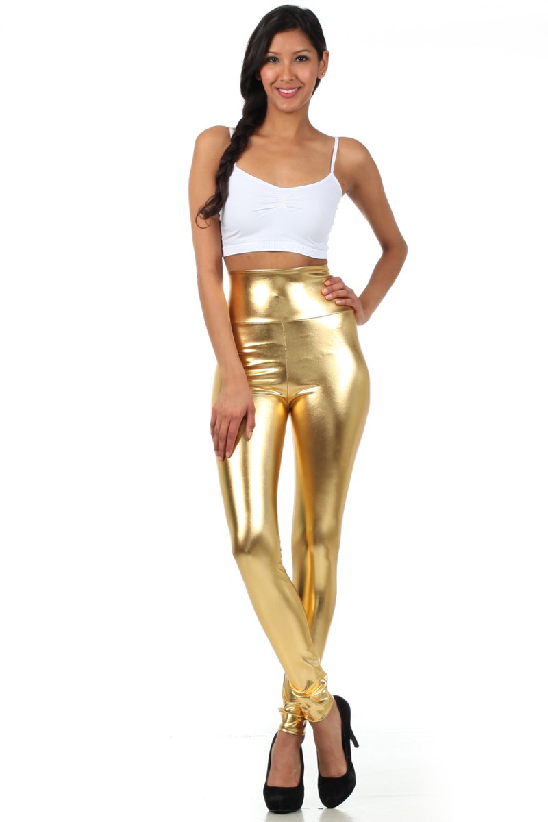 Sakkas 2616 Shiny Liquid Metallic High Waist Stretch Leggings - Gold - L - Image 1